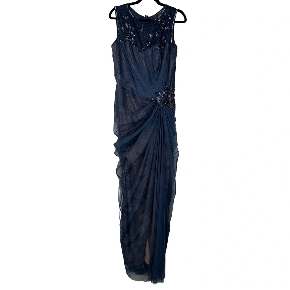 Tadashi Shoji Navy Blue Sleeveless Gown with Sequins Lace and Slit Size 12